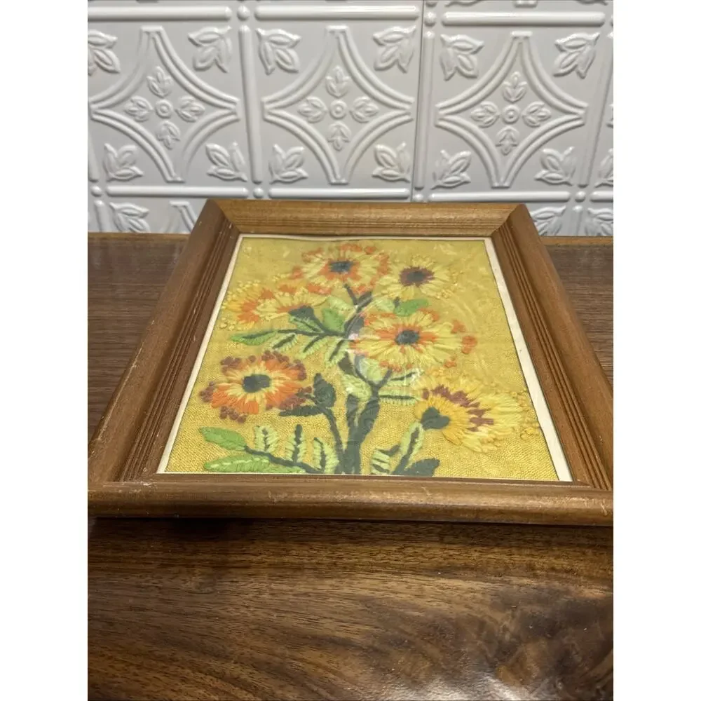 1970s Crewel Yarn framed needlepoint Stitched wall art 11x14 Inches